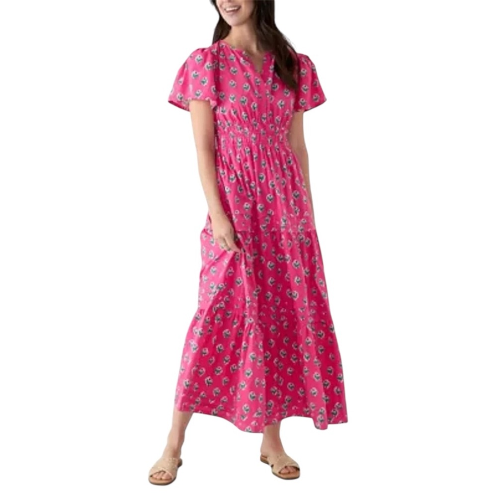 Crown & Ivy Women's Shirred Waist Midi Dress Pink & Green Floral L